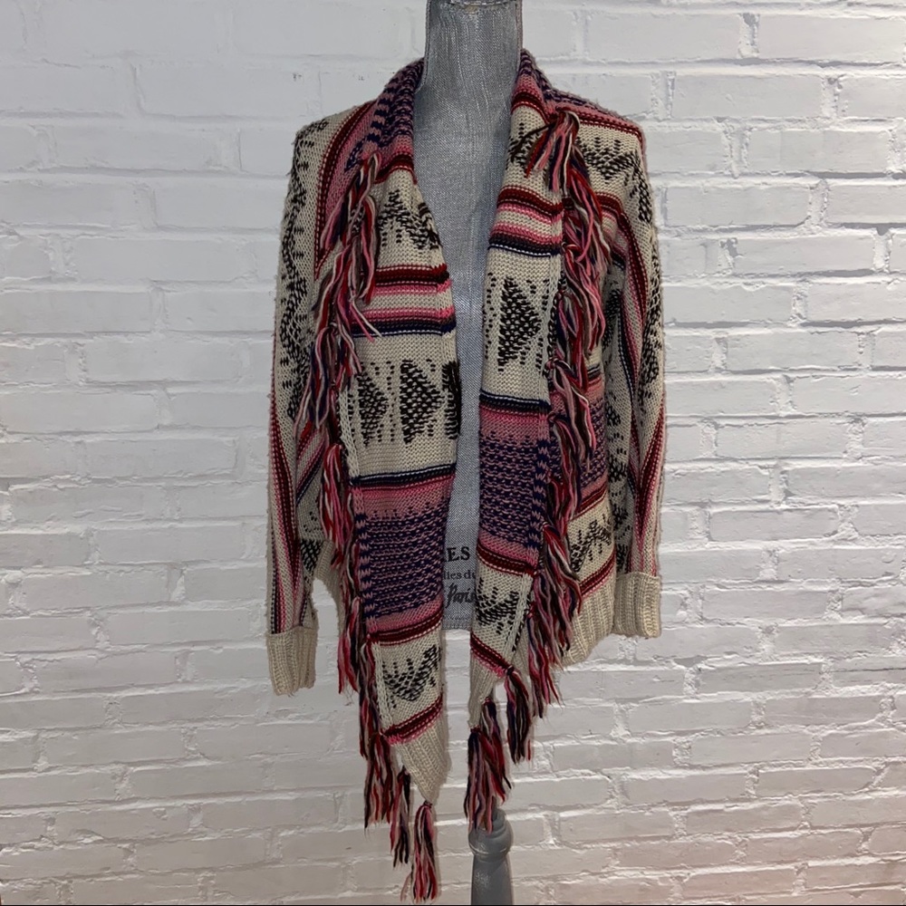 American Eagle Outfitters AEO Knit Open Sweater Tribal Print Fringe Size Large